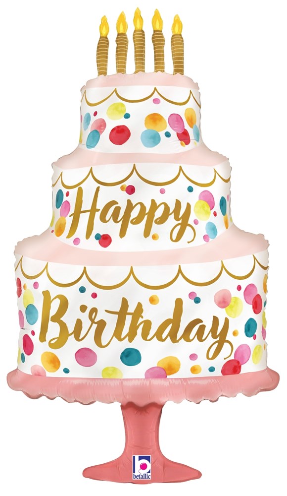 Pink satin 33-inch foil birthday cake balloon with gold "Happy Birthday" text and five lit candles.