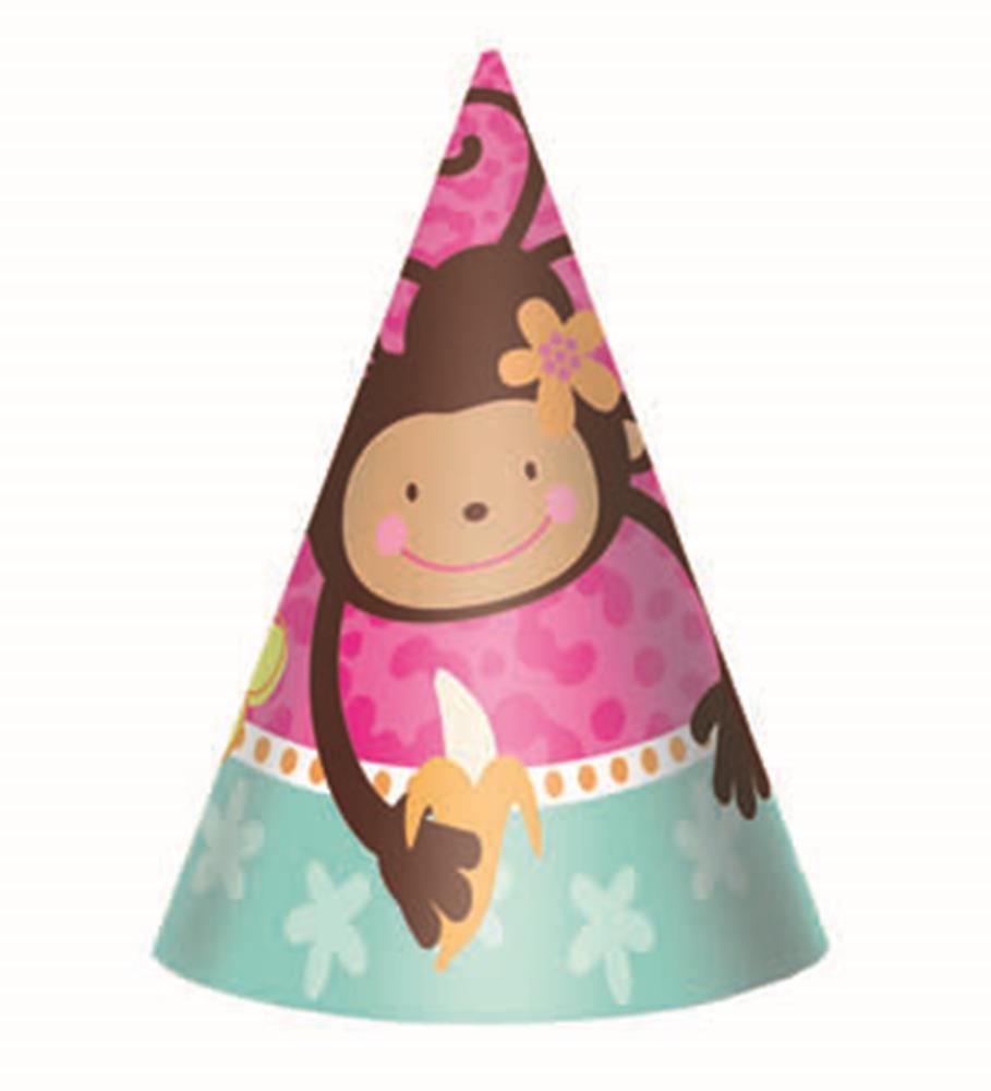 6-inch cone party hat with smiling monkey illustration, pink and teal background, floral accents.