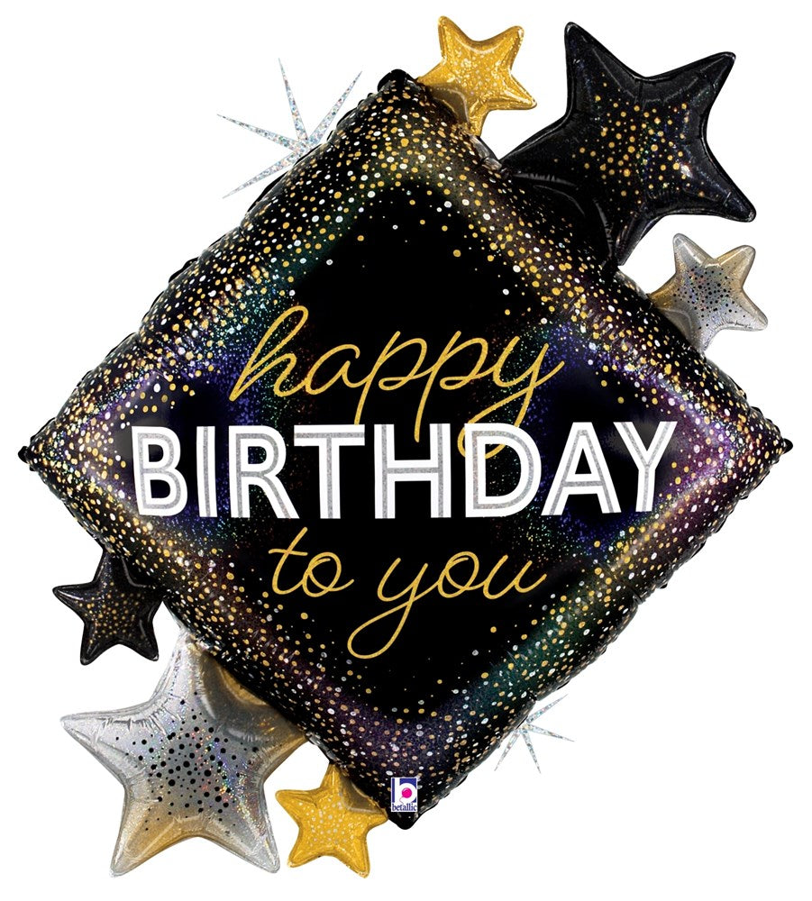 38-inch diamond-shaped black balloon with gold, silver, and black star accents and "happy BIRTHDAY to you" in gold and white
