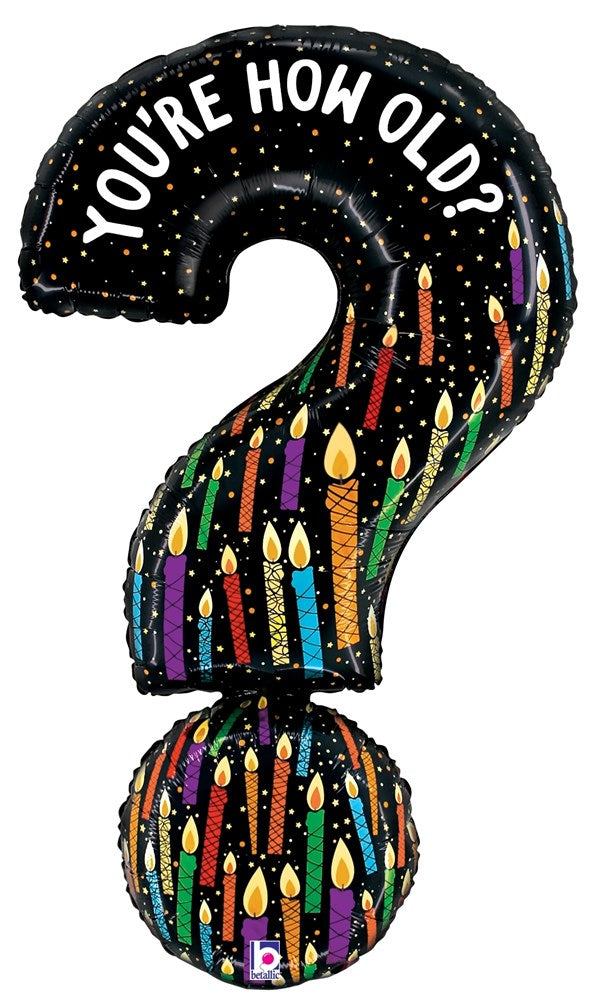 Black foil question mark balloon with colorful birthday candles and "You're How Old?" text in white.