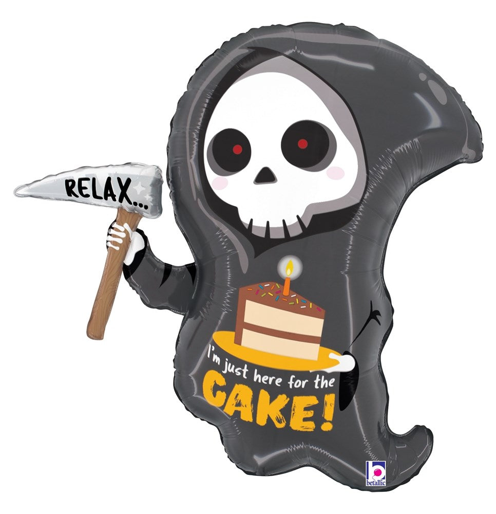 25-inch foil balloon shaped like a grim reaper holding a sign that says "RELAX..." with a birthday cake and "just here for.