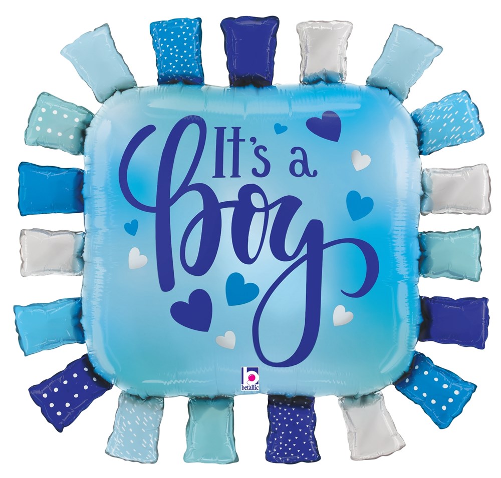 Square light blue foil balloon with dark blue "It's a boy" text and decorative blue hearts, surrounded by blue, navy, and.