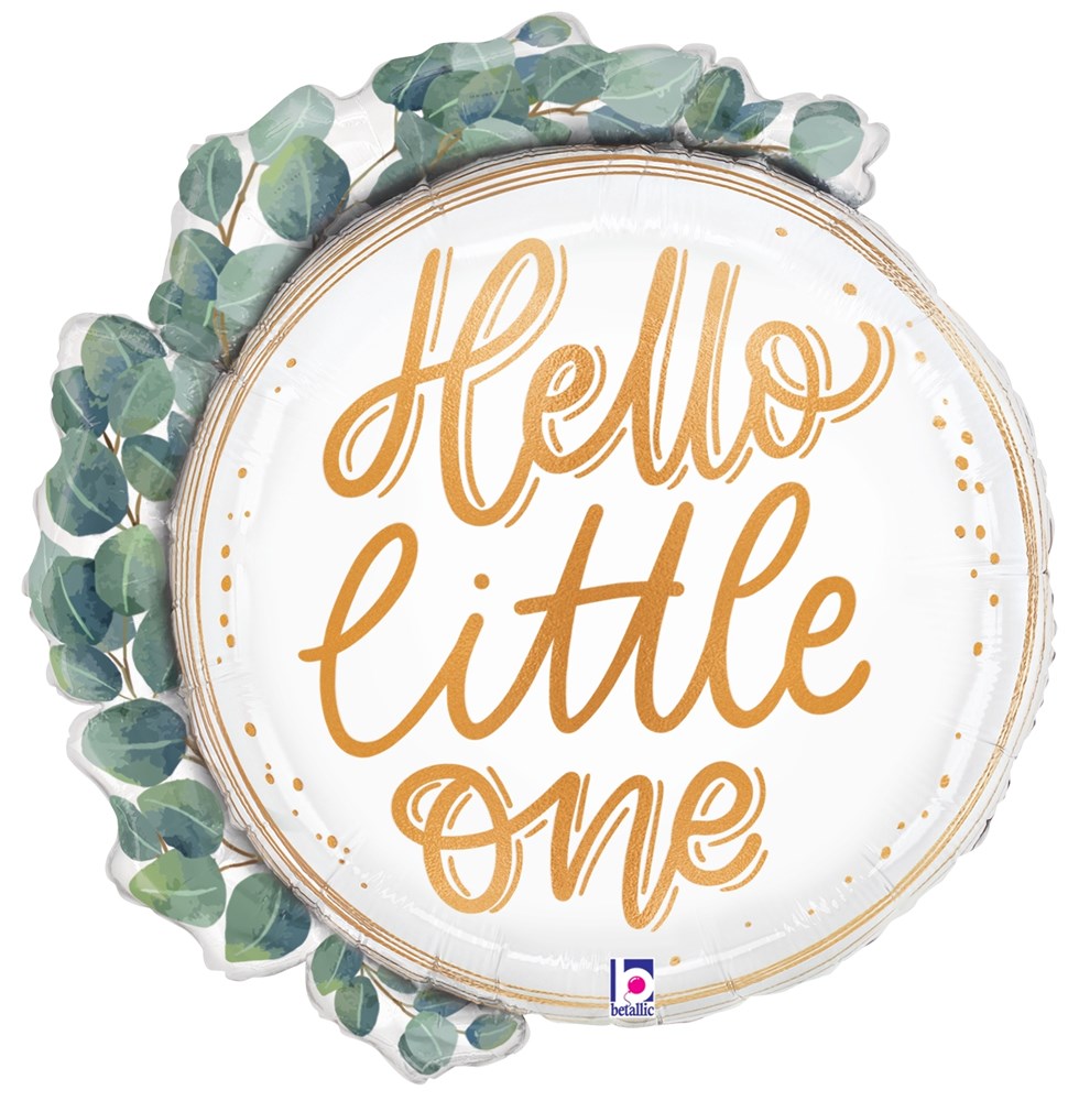 Round foil balloon with gold script "Hello little one" text, framed by green eucalyptus leaves design.