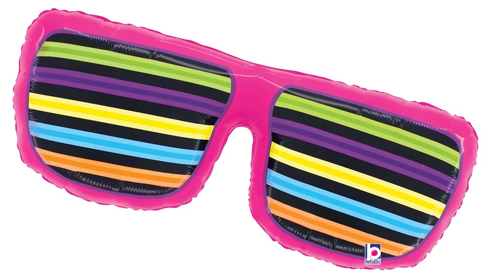 Bright pink foil balloon shaped like oversized sunglasses with horizontal neon stripes on the lenses.