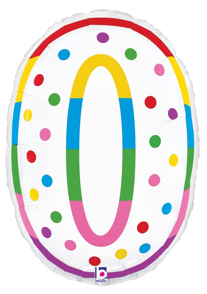 Colorful foil balloon shaped like the number 0 with multicolored polka dots and a rainbow border.