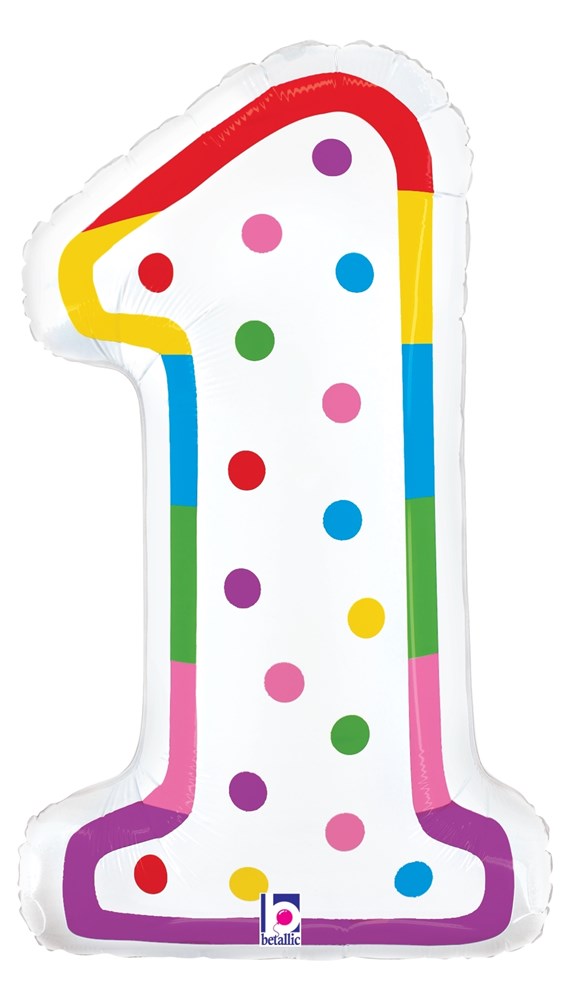 White foil balloon shaped like the number 1 with multicolored polka dots and a rainbow border.