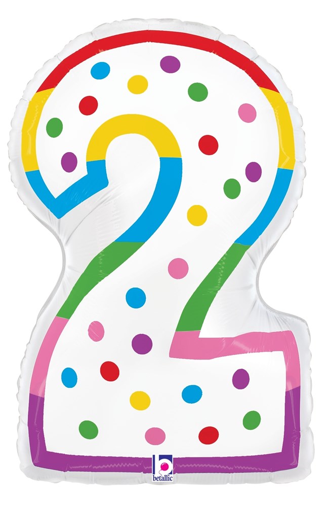 24-inch white foil balloon shaped as number 2 with colorful polka dots and a red outline.