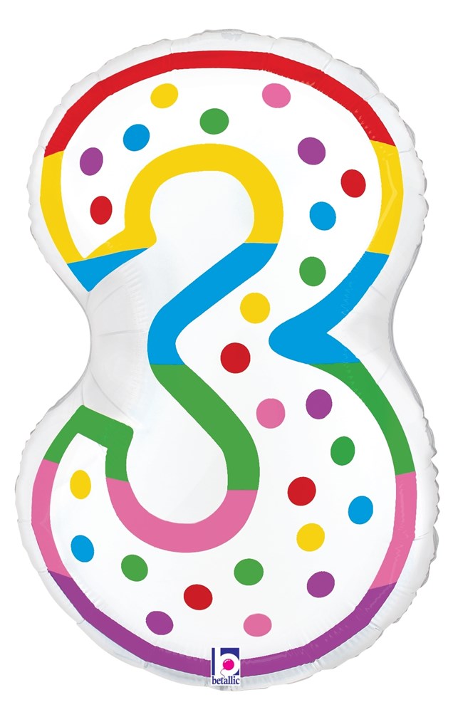 Number 3 foil balloon with multicolored polka dots and rainbow border, birthday candle design.