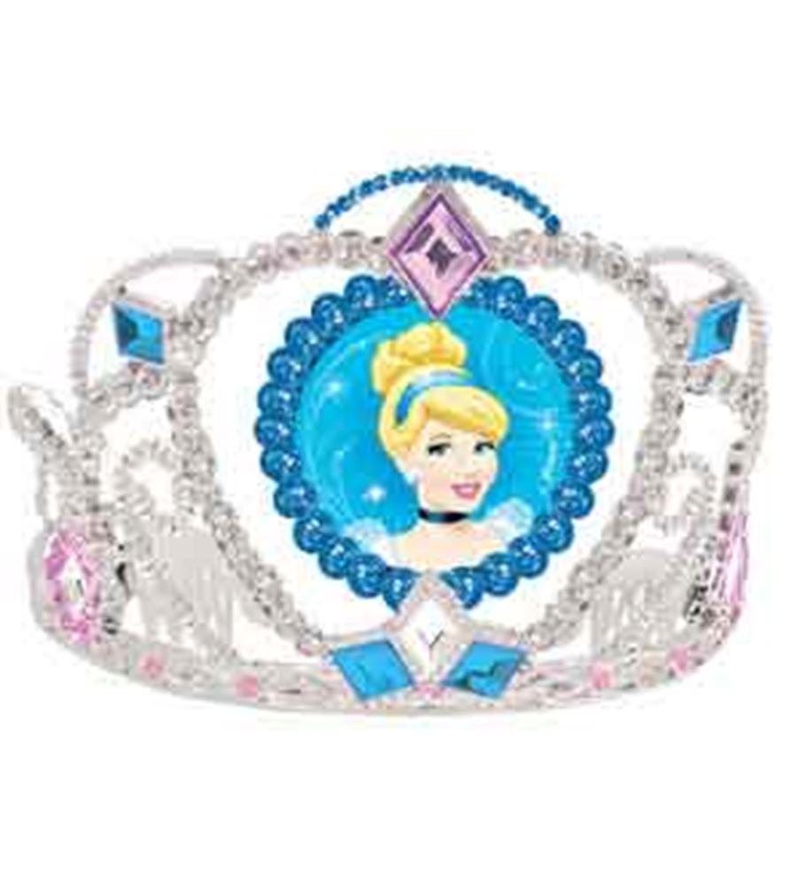 Silver electroplated tiara with blue and pink gems featuring Cinderella’s portrait centerpiece.