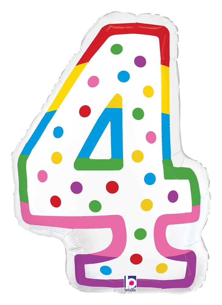 White foil balloon shaped like the number 4 with colorful polka dots and a multicolor outline.