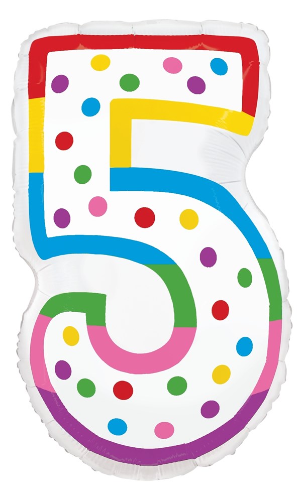 Foil balloon shaped as number 5 with multicolored polka dots and a red, yellow, blue, and purple border.