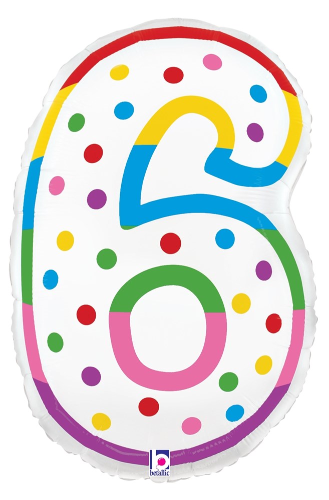 White foil balloon shaped like number 6 with colorful polka dots and rainbow outline.