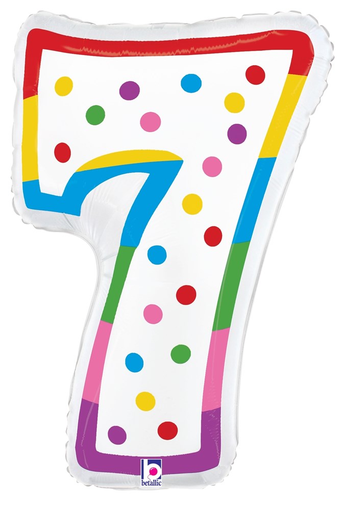 White foil balloon shaped as number 7 with multicolored polka dots and a red, yellow, green, and purple border.