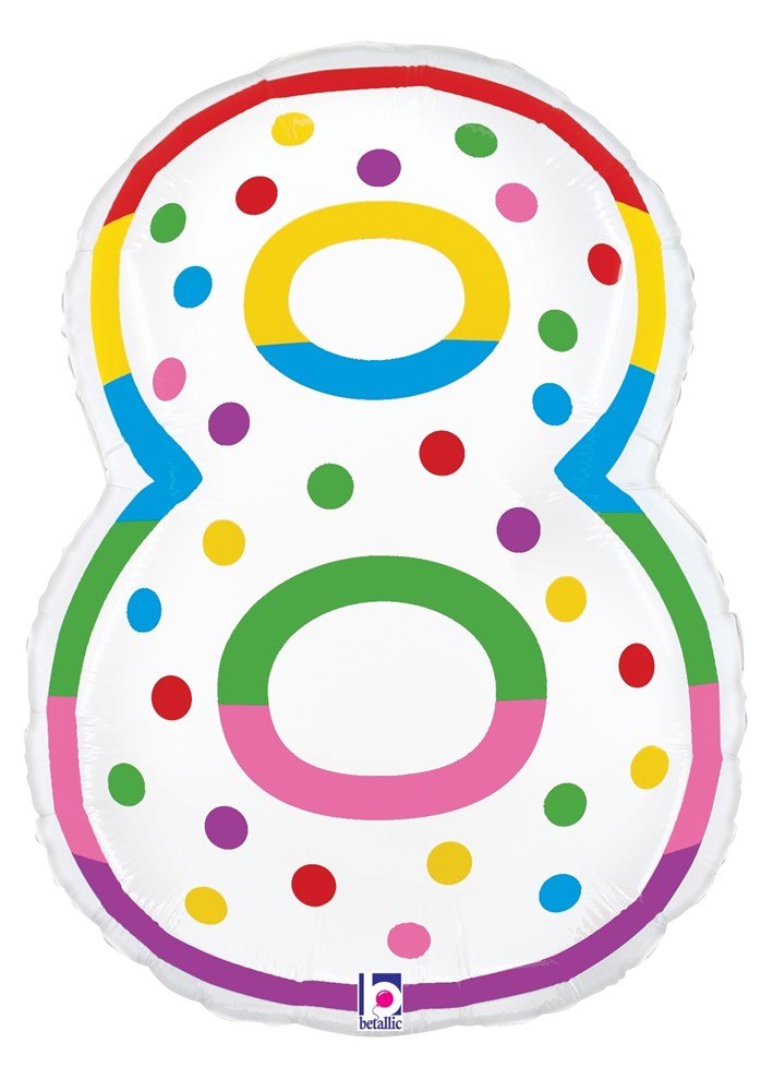 Colorful number 8 foil balloon with multicolored polka dots and a white background.