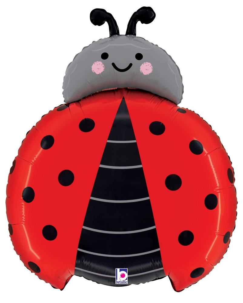 24-inch foil balloon shaped like a smiling ladybug with red wings, black spots, and gray head with antennae.