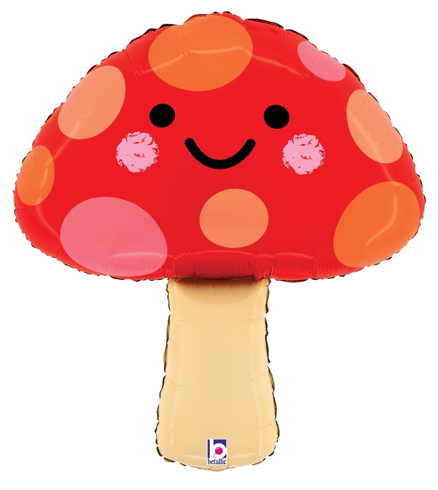 Red mushroom-shaped foil balloon with orange and pink spots, smiling face, and beige stem.