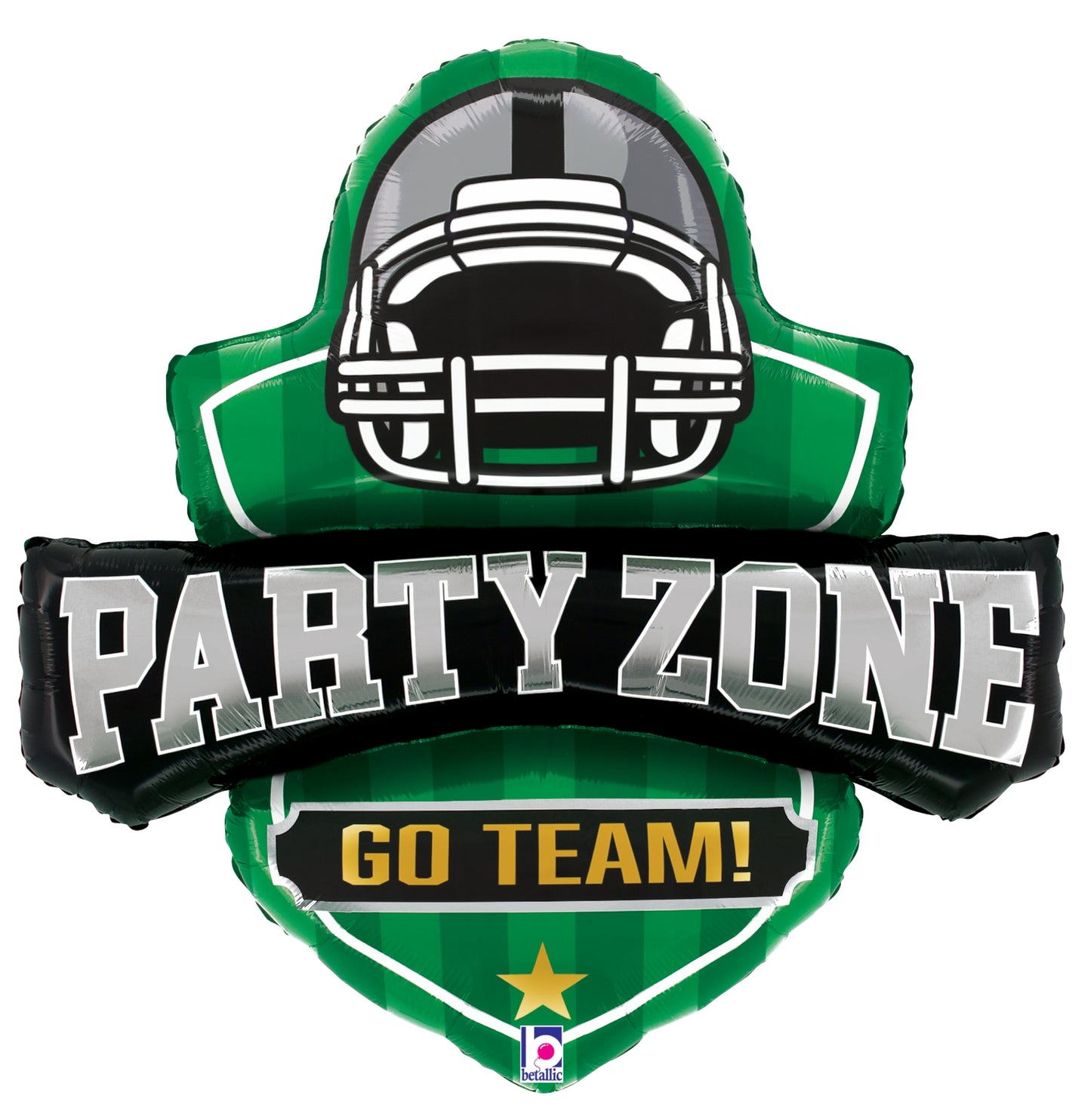 Green football helmet shaped foil balloon with black banner reading "Party Zone" and yellow "Go Team!" text below.
