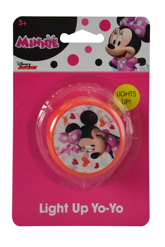 Pink light-up yo-yo with Minnie Mouse graphic and red heart accents in clear plastic casing.