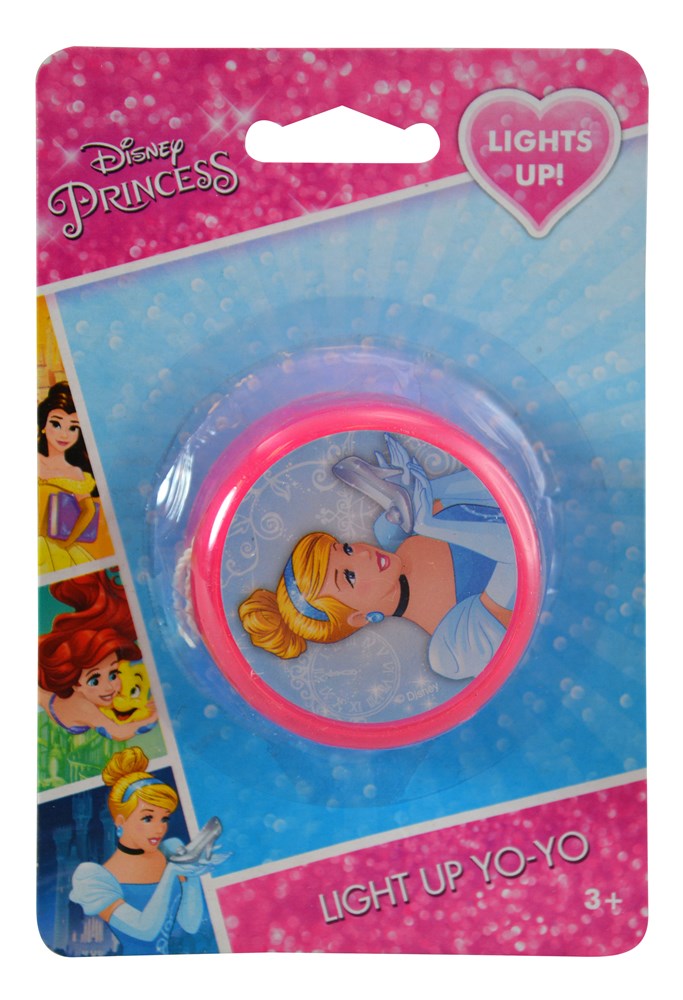 Pink plastic yo-yo featuring Disney Princess Cinderella illustration with light-up function in colorful packaging.