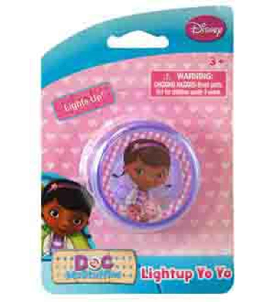 Purple light-up yo-yo featuring Doc McStuffins character illustration on the sides with pink and blue packaging.