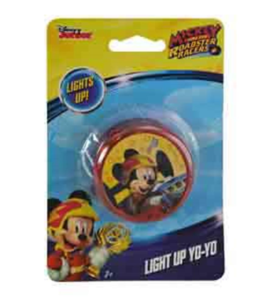 Red plastic yo-yo featuring Mickey Mouse with a yellow background and light-up function in branded Disney packaging.