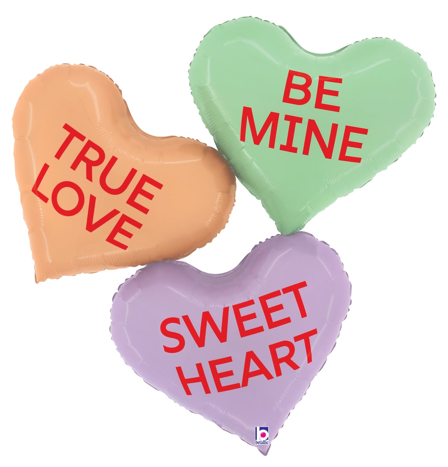 Set of three 37-inch foil heart balloons in peach, green, and lavender with red "True Love," "Be Mine," and "Sweet Heart".