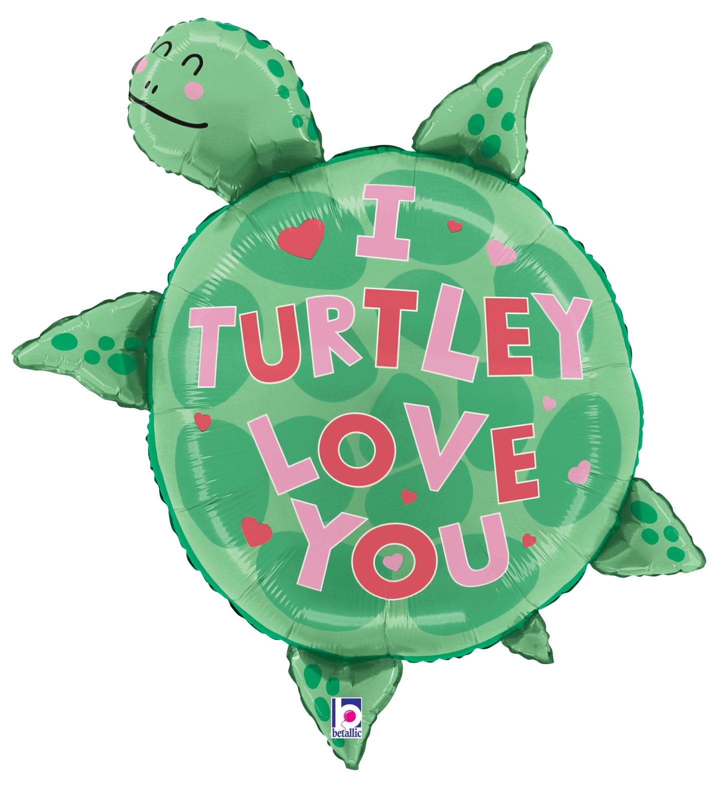Green foil turtle-shaped balloon with pink lettering saying "I Turtley Love You" and small heart accents.