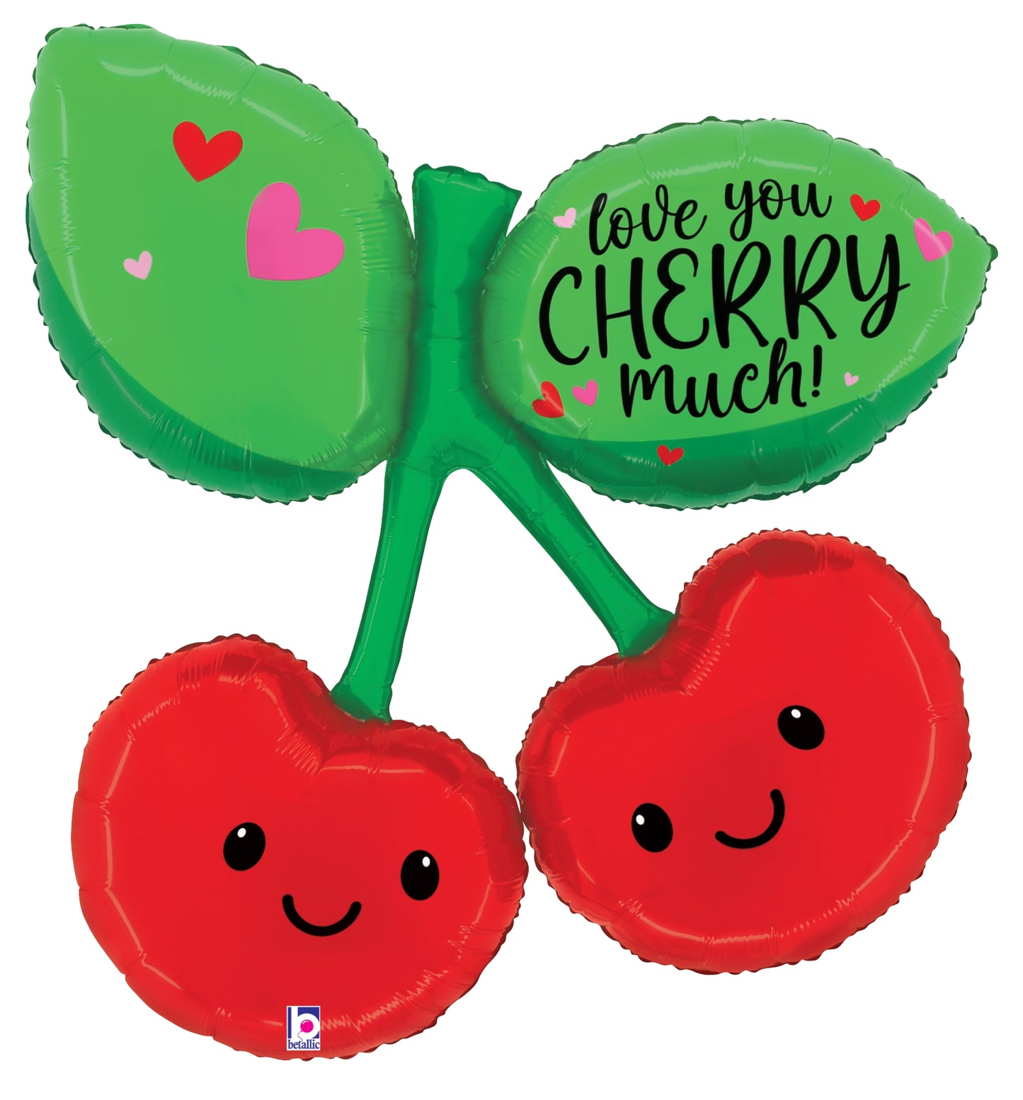 Red foil balloon shaped like two smiling cherries with green foil leaves, one leaf says "love you CHERRY much!".