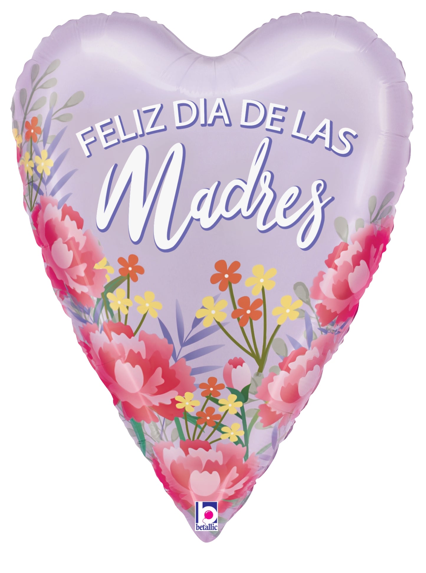 Lavender satin heart-shaped foil balloon with pink and orange floral design and "Feliz Dia de las Madres" text in white.