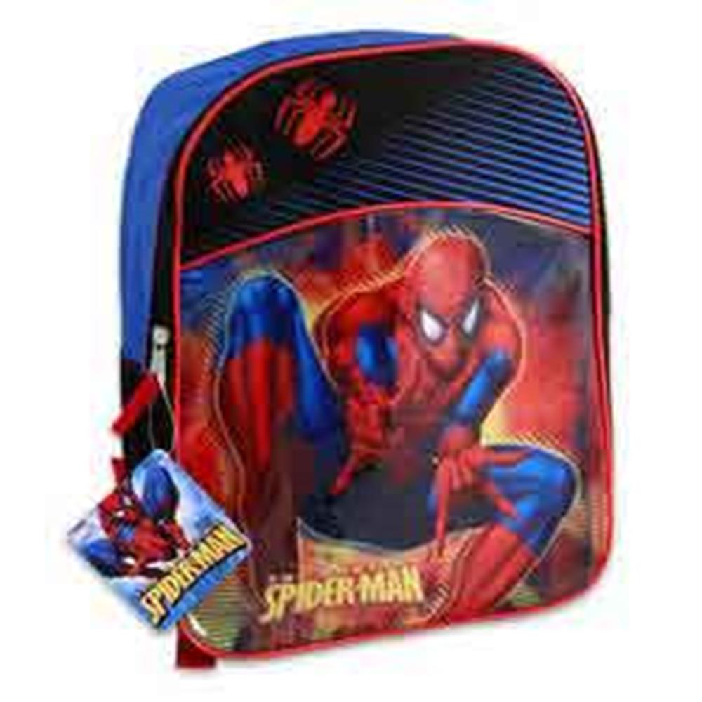Red and blue Spiderman backpack with graphic print and front zip pocket, 15x12x5 inches.