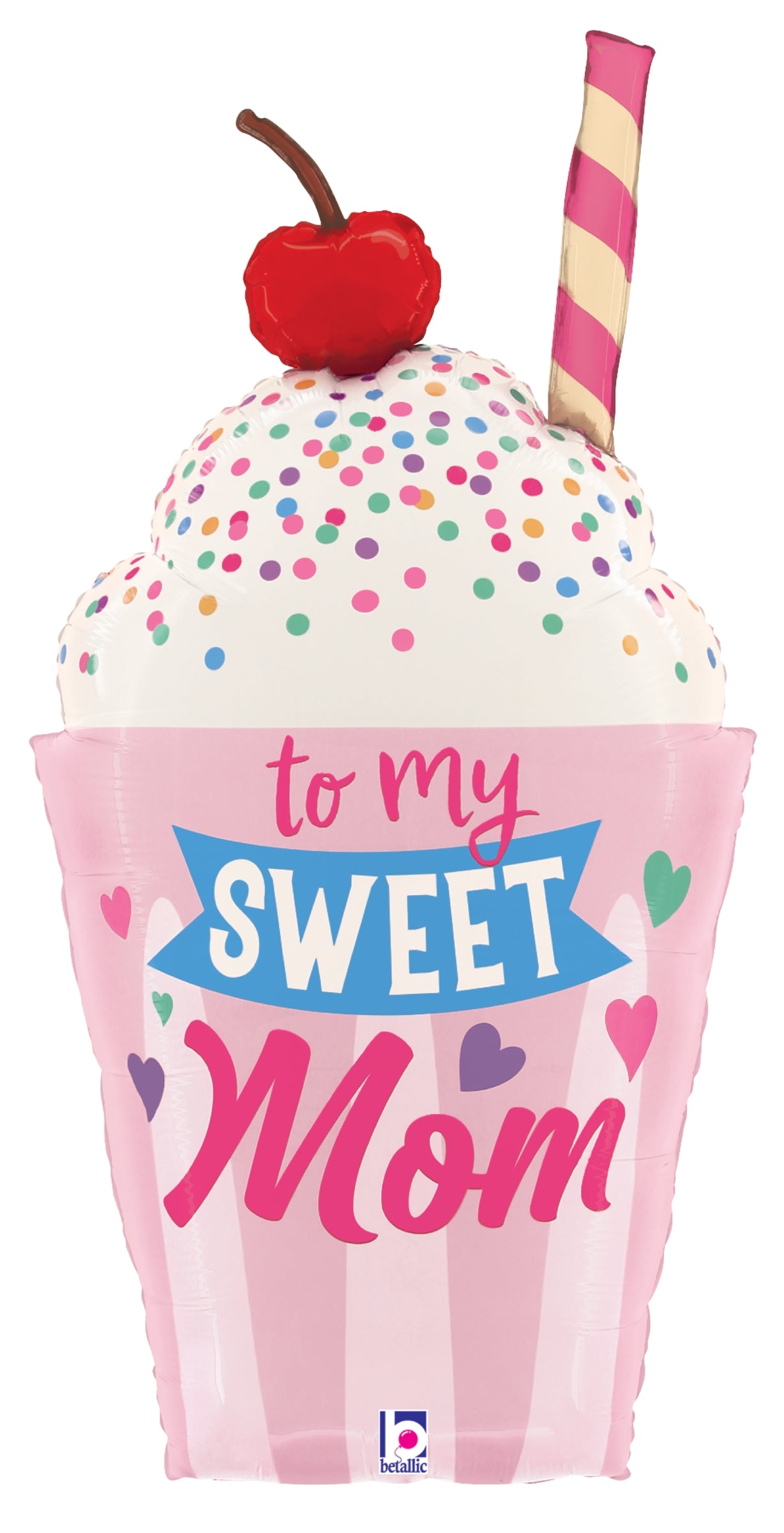 35-inch pink and white striped foil milkshake balloon with cherry, straw, and "To my sweet Mom" text.