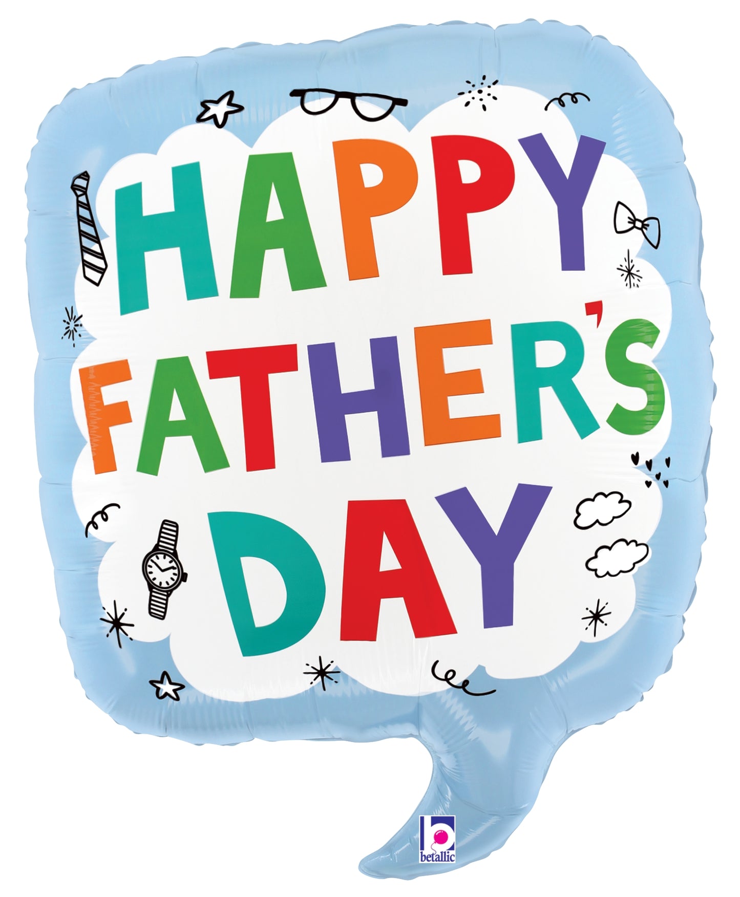 23-inch light blue foil balloon shaped like a speech bubble with colorful "Happy Father's Day" text and small dad-themed.