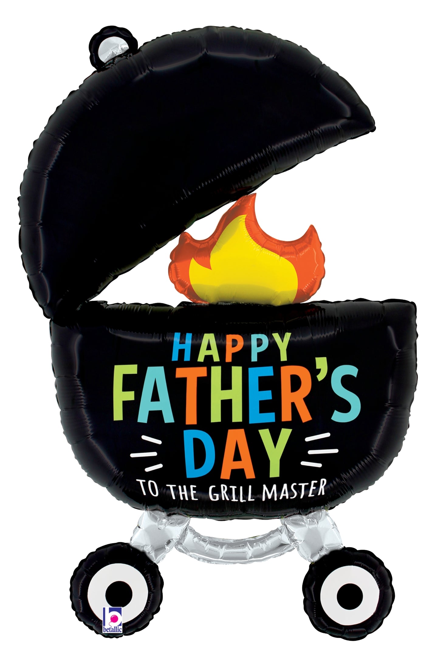 Black grill-shaped foil balloon with flames and colorful "Happy Father's Day To The Grill Master" text.
