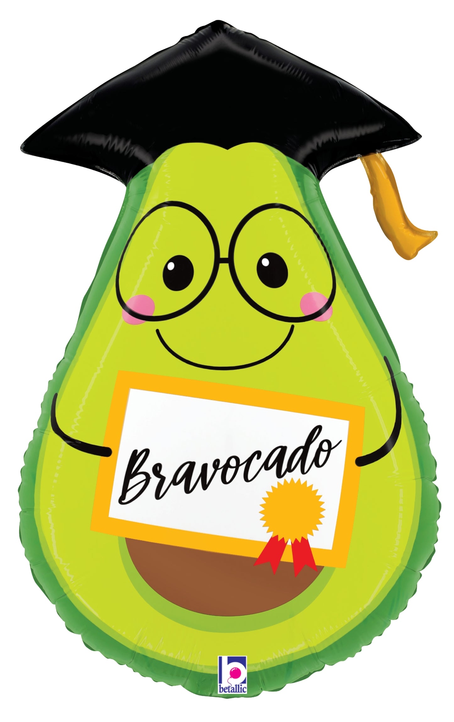 Green avocado-shaped foil balloon wearing a black graduation cap with a yellow tassel, smiling face with glasses, holding a.