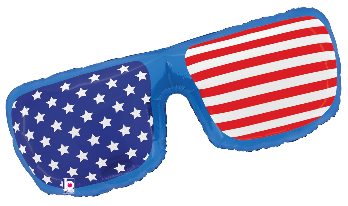 Patriotic sunglasses with American flag design, blue frame, and 31-inch foil material.