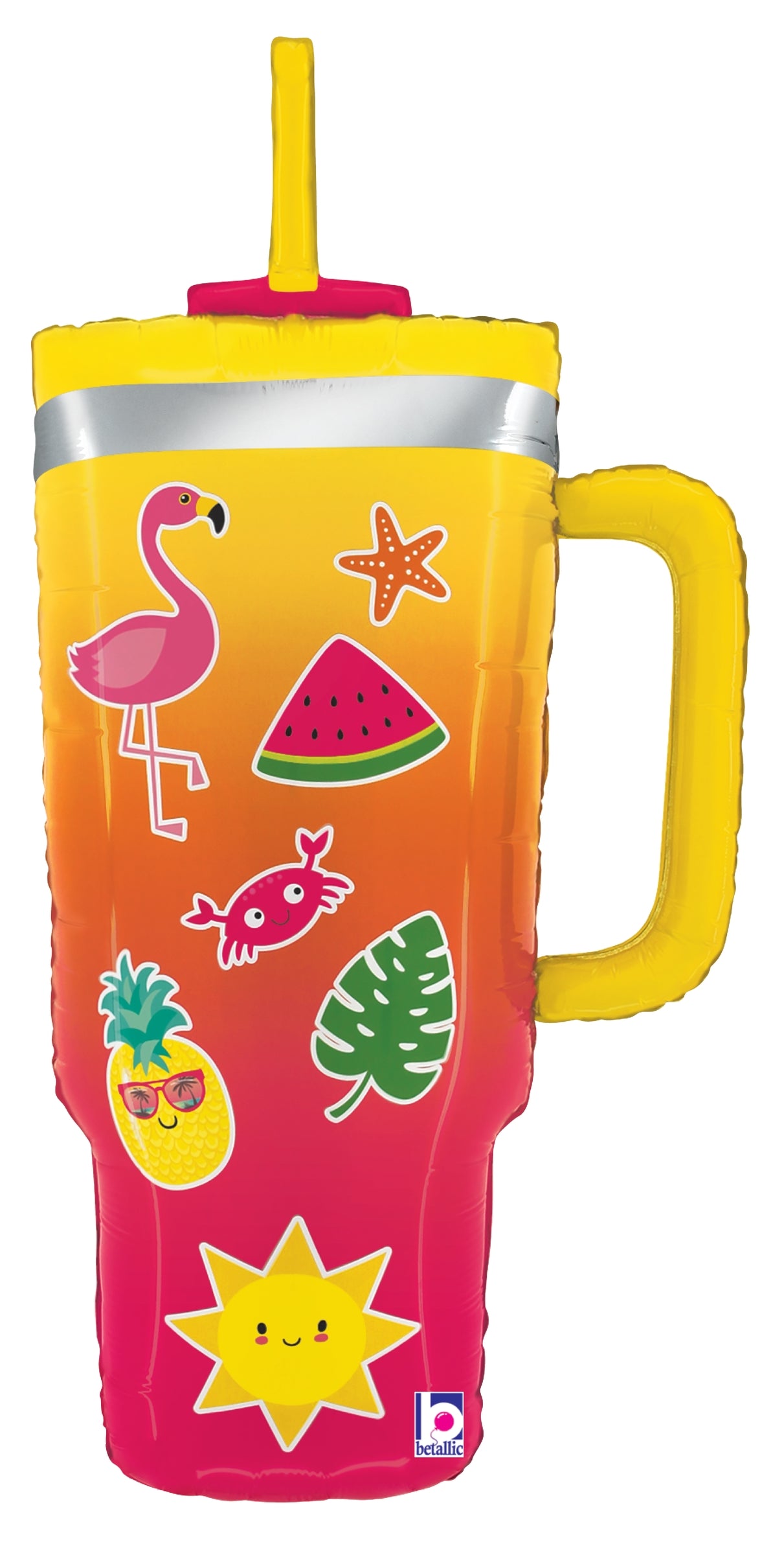Tall foil balloon shaped like a two-toned yellow and pink summer tumbler with handle, decorated with playful summer icons.