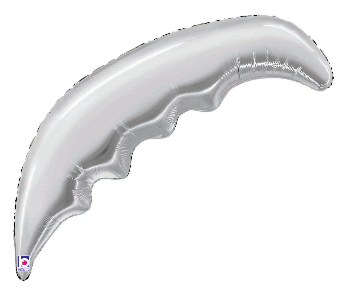 33-inch silver foil balloon shaped like a curved palm frond with scalloped edges.