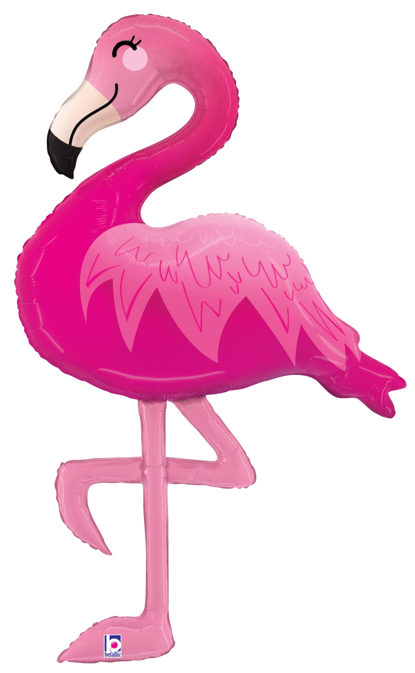 Bright pink foil balloon shaped like a flamingo with detailed wings and a black-tipped beak, 44 inches tall.