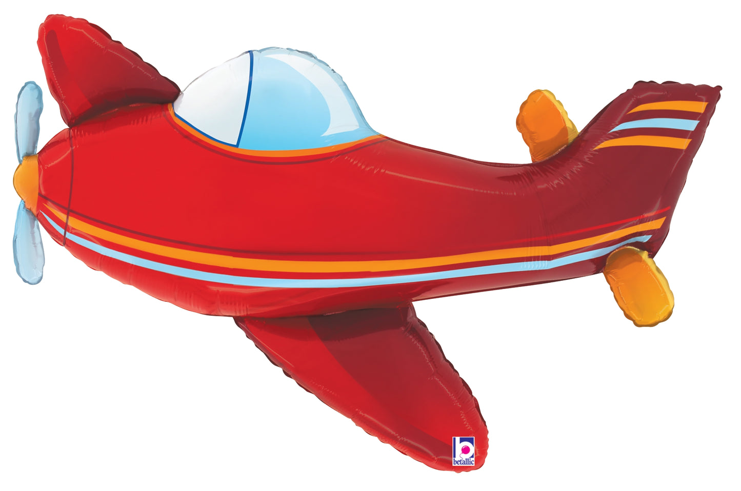 Red foil balloon shaped like a small airplane with blue cockpit, yellow accents, and propeller details.