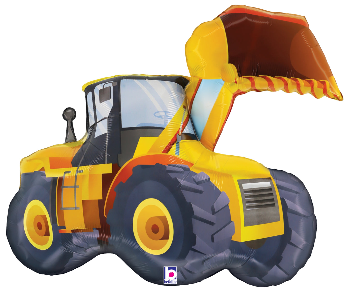 Yellow and black construction loader foil balloon with large front bucket and detailed tire design.