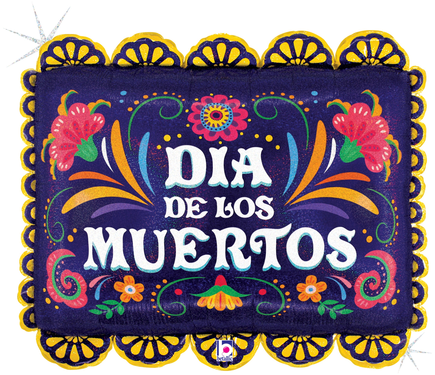 Rectangular dark blue decorative mat with glitter holographic foil, colorful floral designs, and "DIA DE LOS MUERTOS" text.