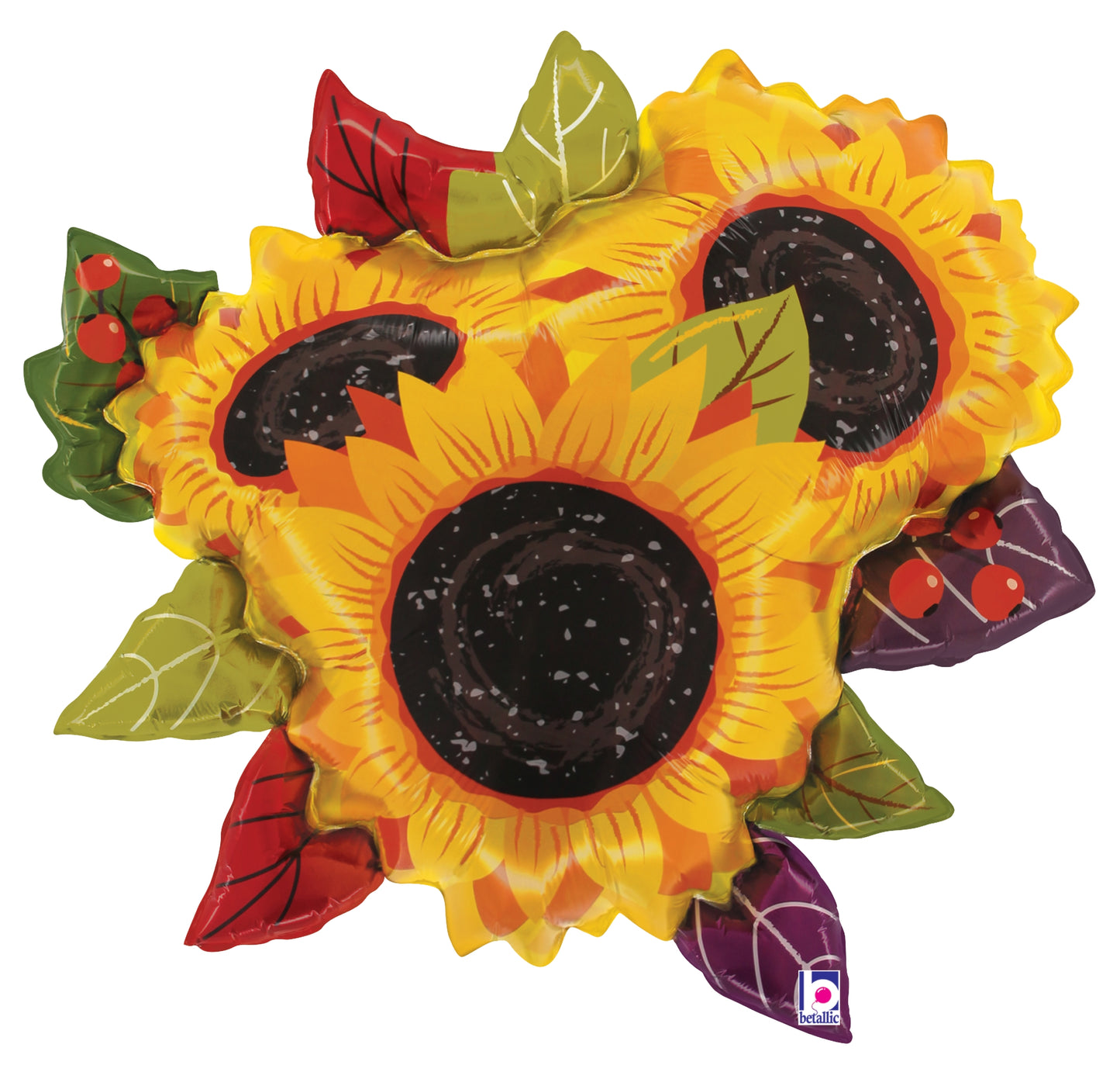 33-inch foil balloon shaped like a sunflower bouquet with three bright yellow flowers and green, red, and purple leaves.