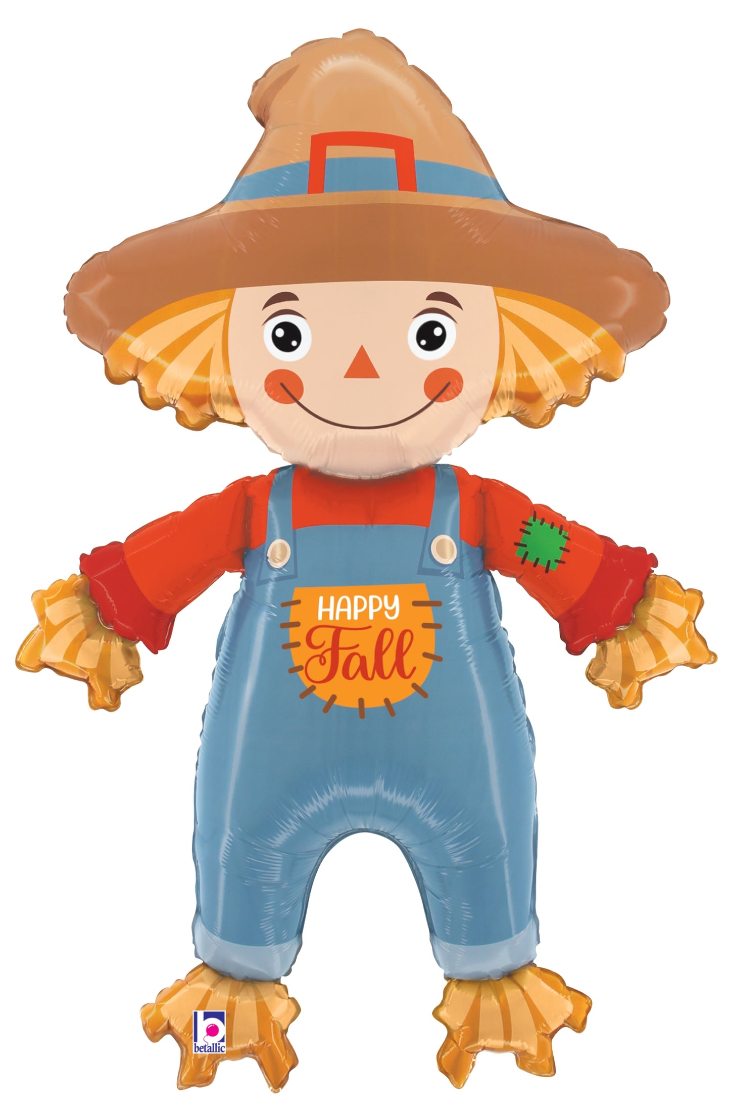 40-inch foil balloon shaped like a cheerful scarecrow wearing a brown hat, red shirt, and blue overalls with "Happy Fall".