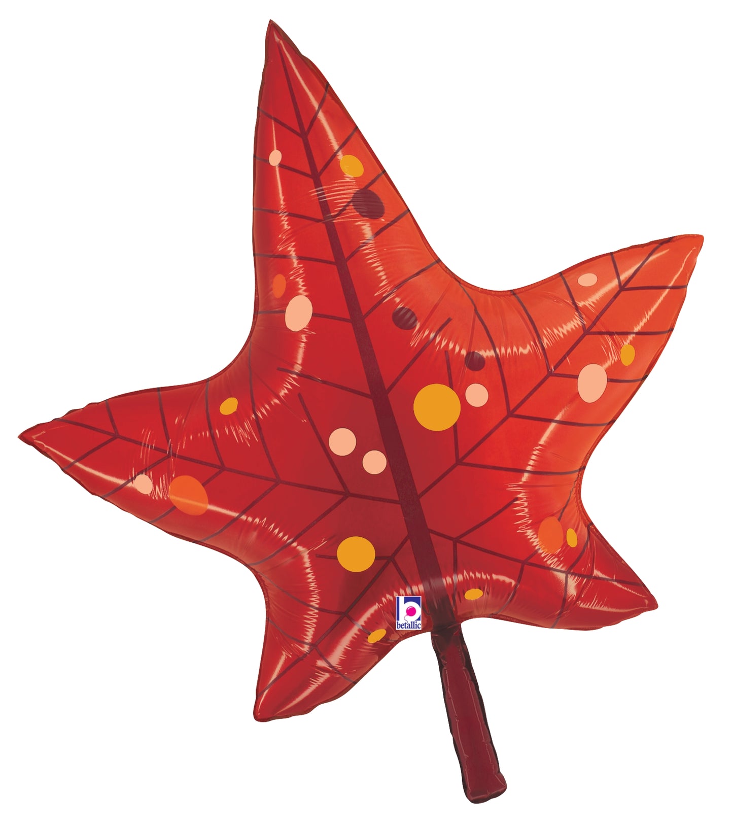 Red foil balloon shaped like a maple leaf with yellow and orange dots and brown stem.