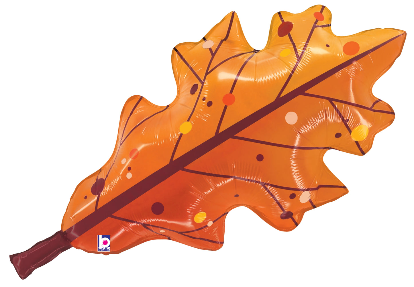 Orange foil balloon shaped like a detailed fall leaf with brown stem and vein accents.