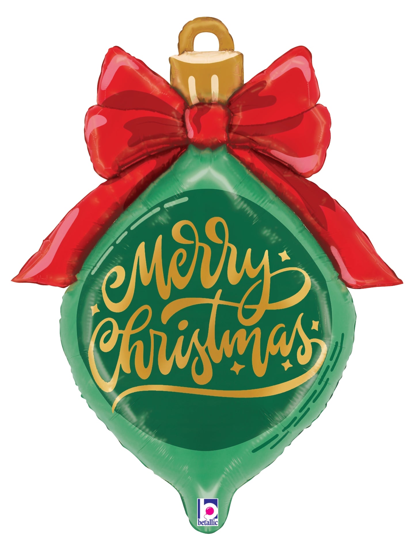 Green teardrop-shaped foil Christmas ornament balloon with gold "Merry Christmas" script and red bow topper.