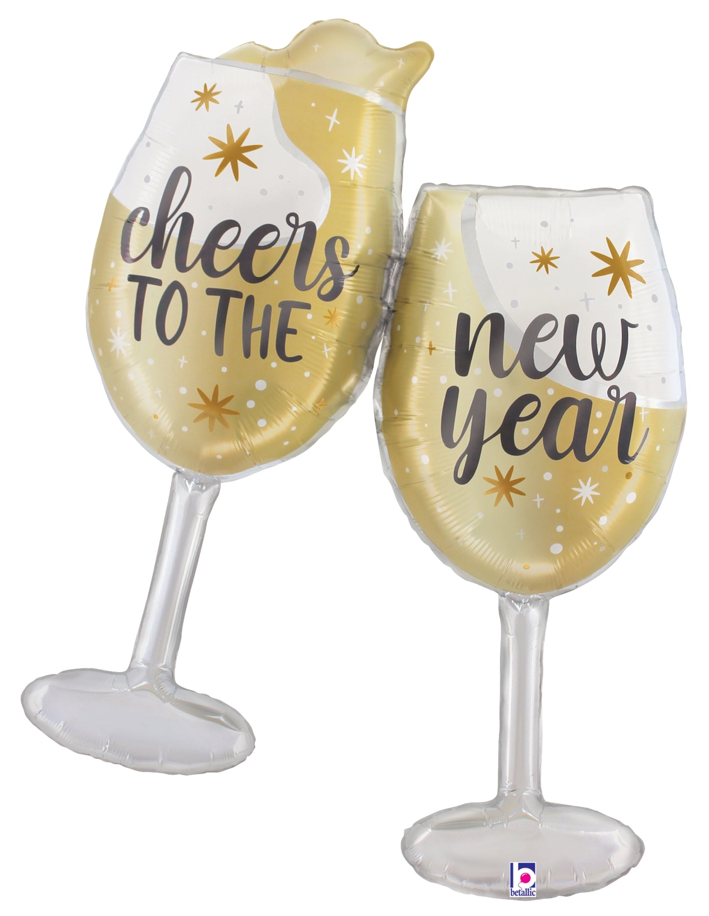 Gold and silver foil balloons shaped as champagne glasses with "cheers to the" and "new year" text and starburst accents.