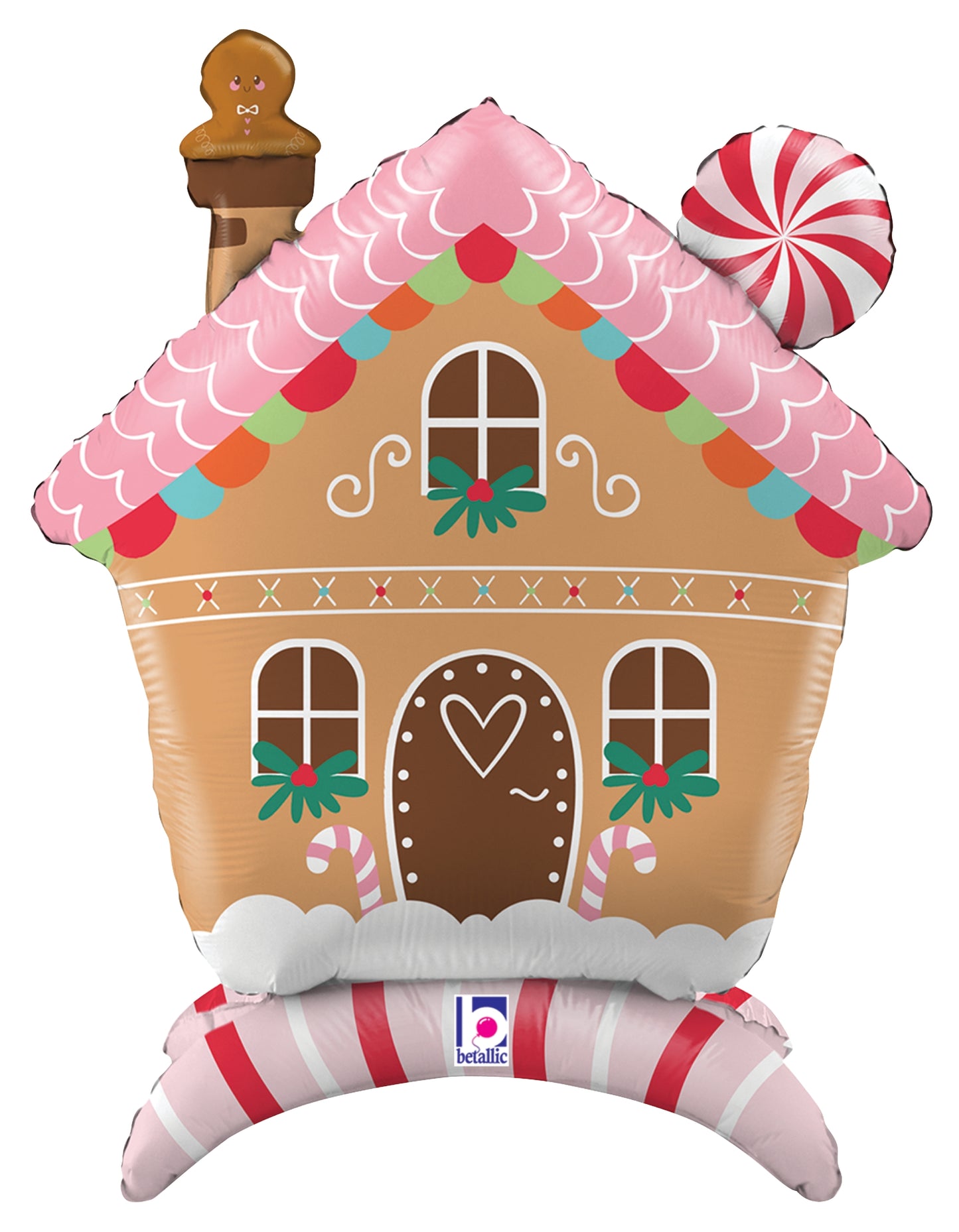 30-inch gingerbread house foil balloon with pink frosting roof, candy cane base, and peppermint swirl detail.