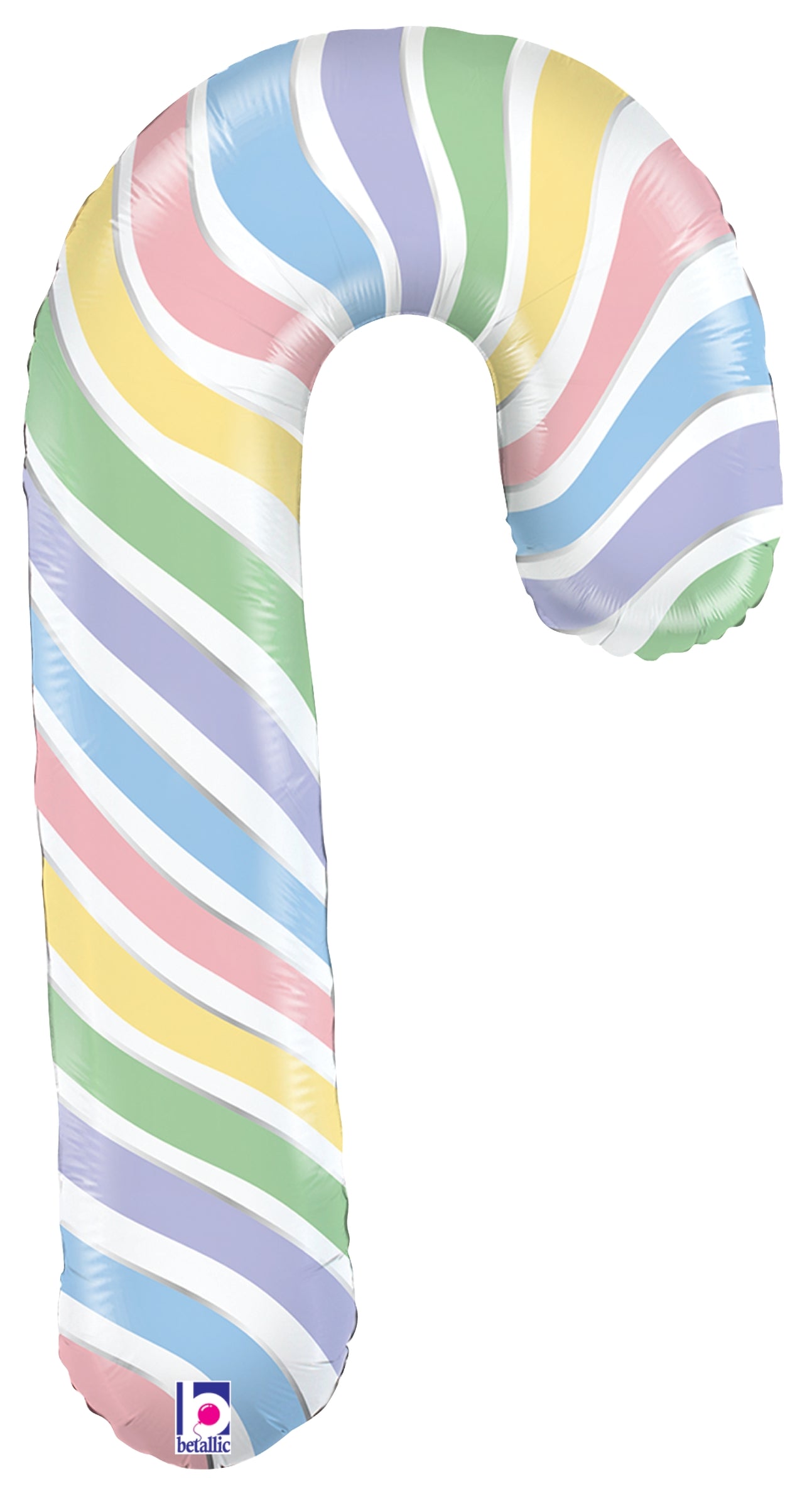 35-inch foil balloon shaped like a candy cane with pastel striped pattern in pink, blue, yellow, green, and white.