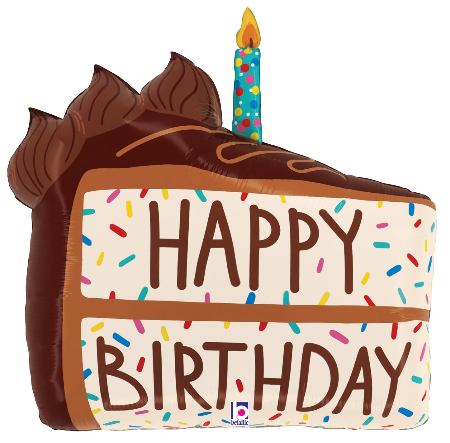 28-inch foil balloon shaped like a chocolate cake slice with "Happy Birthday" text and a lit polka dot candle on top.